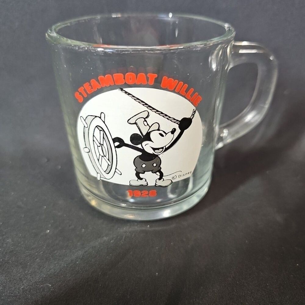 Vintage Disney STEAMBOAT WILLIE 1928 Design Mickey Mouse Glass Cup Mug 3.5"H